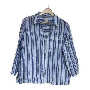 Joie Linen Striped Shirt Button Up Pocket Long Sleeve Blue White Womens small